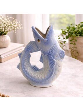 Vintage Ceramic Fish-Shaped Pitcher Vase In Blue & White Glaze 7" Tall Unique Ta